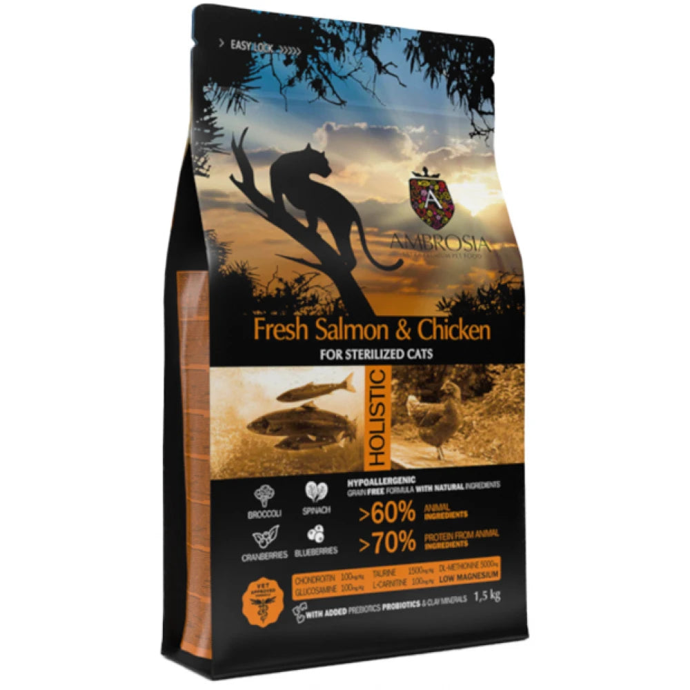 Ξηρά Τροφή Γάτας Ambrosia Grain Free Cat Adult Sterilised Fresh Salmon & Chicken 1,5kg