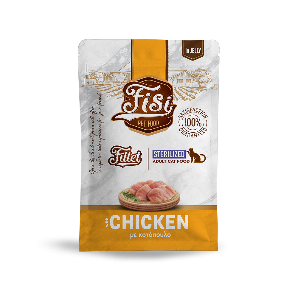 Υγρή Τροφή Γάτας FISI Fillet Cat Sterilized Κοτόπουλο σε ζελέ σε φακελάκια 85gr