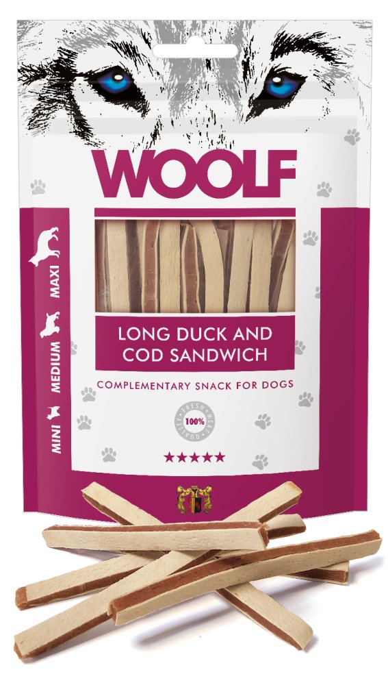 Λιχουδιά Σκύλου Woolf Snacks Long Duck & Cod Sandwich 100gr