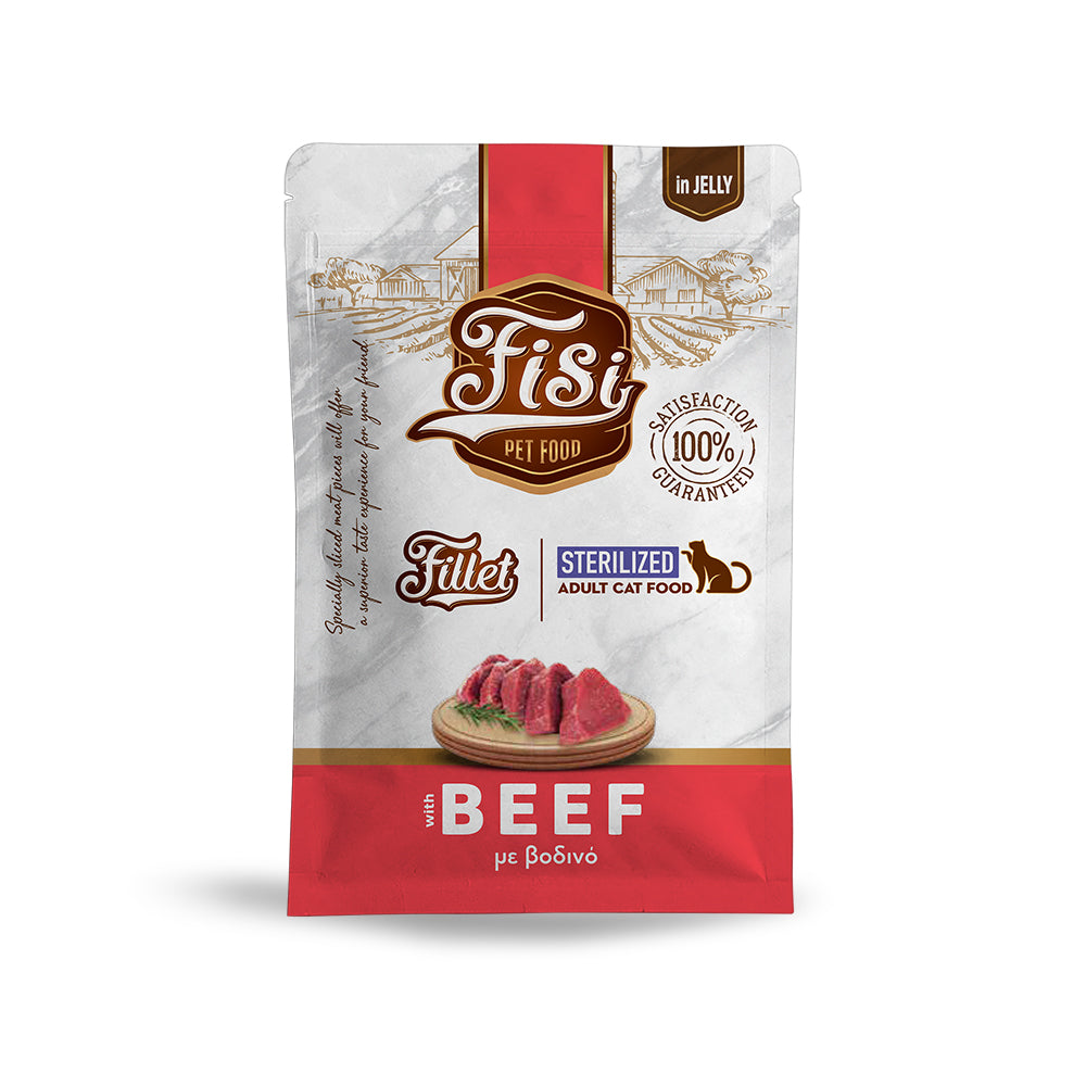 Υγρή Τροφή Γάτας FISI Fillet Cat Sterilized Βοδινό σε ζελέ σε φακελάκια 85gr