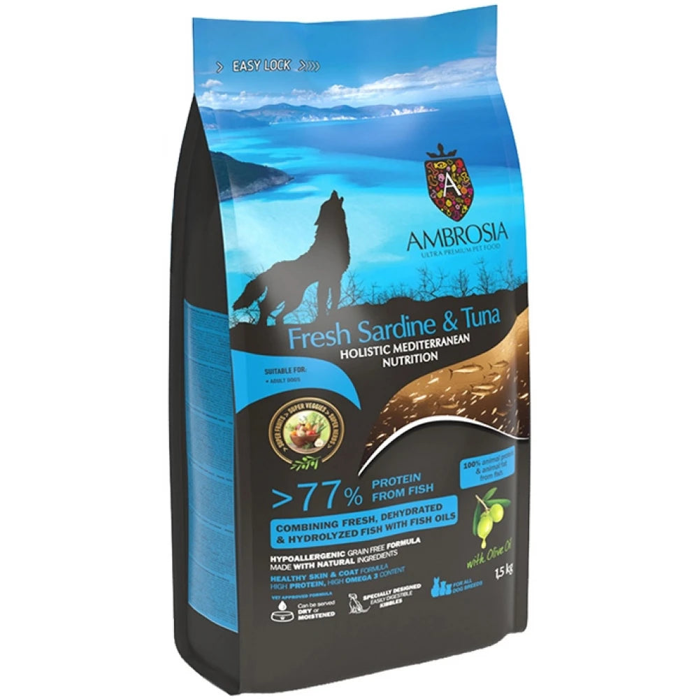 Ξηρά Τροφή Σκύλου Ambrosia Mediterranean Grain Free Dog Adult Fresh Sardine & Tuna 1,5kg