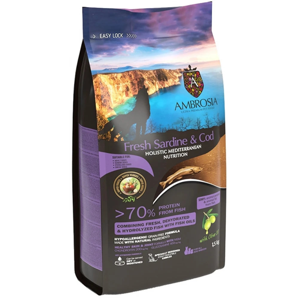 Ξηρά Τροφή Σκύλου Ambrosia Mediterranean Grain Free Dog Senior Light & Sterilized Fresh Sardine & Cod 1,5kg