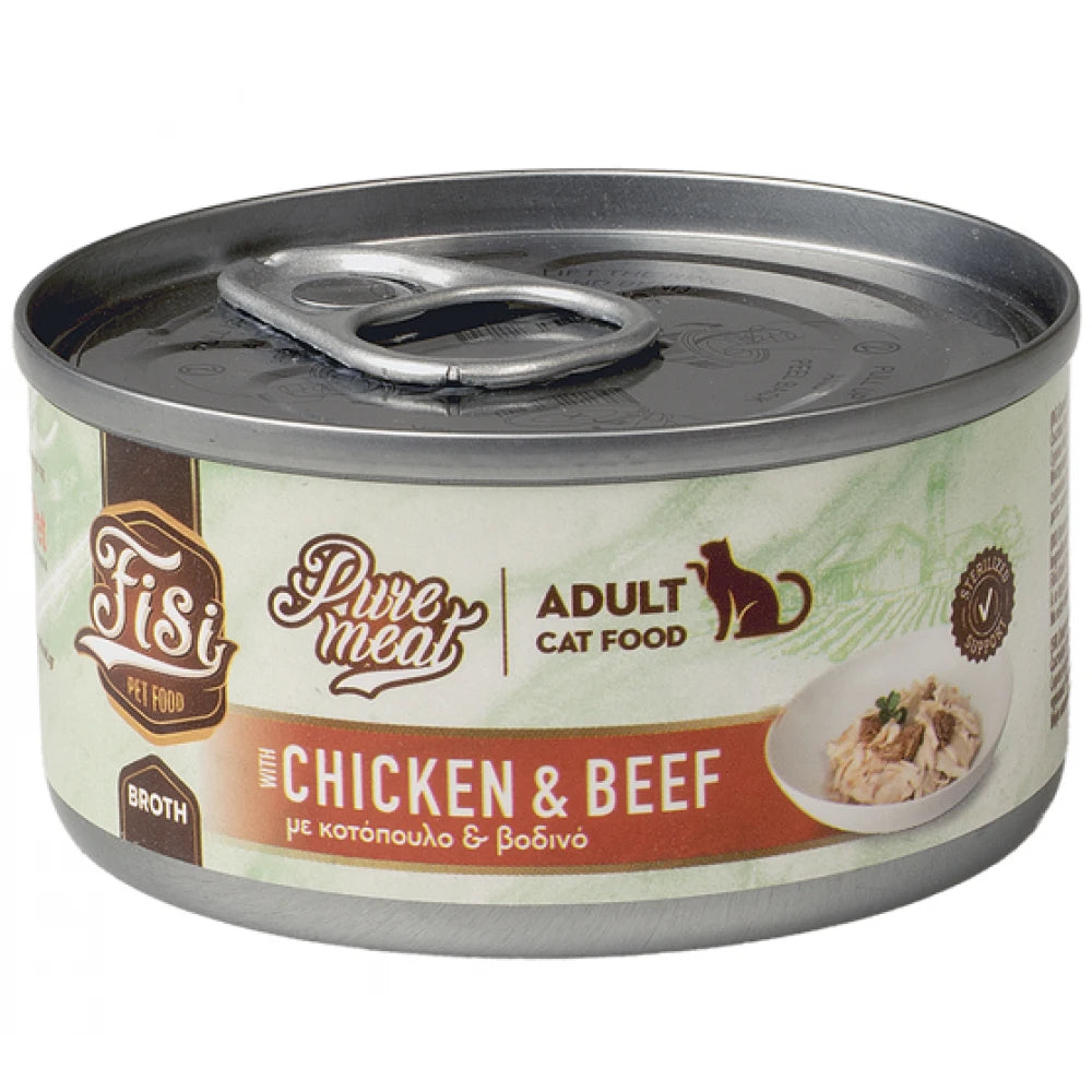 Υγρή Τροφή Γάτας Fisi Pure Meat Cat Adult Κοτόπουλο & Βοδινό σε Ζωμό 80gr