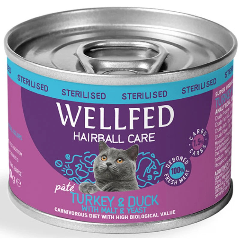Υγρή Τροφή Γάτας Wellfed Cat για Στειρωμένες Γαλοπούλα και Πάπια Hairball Care 200gr