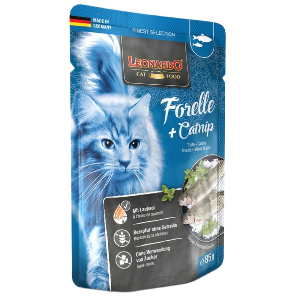 Υγρή Τροφή Γάτας Leonardo Φακελάκι Cat Πέστροφα και Catnip 85gr