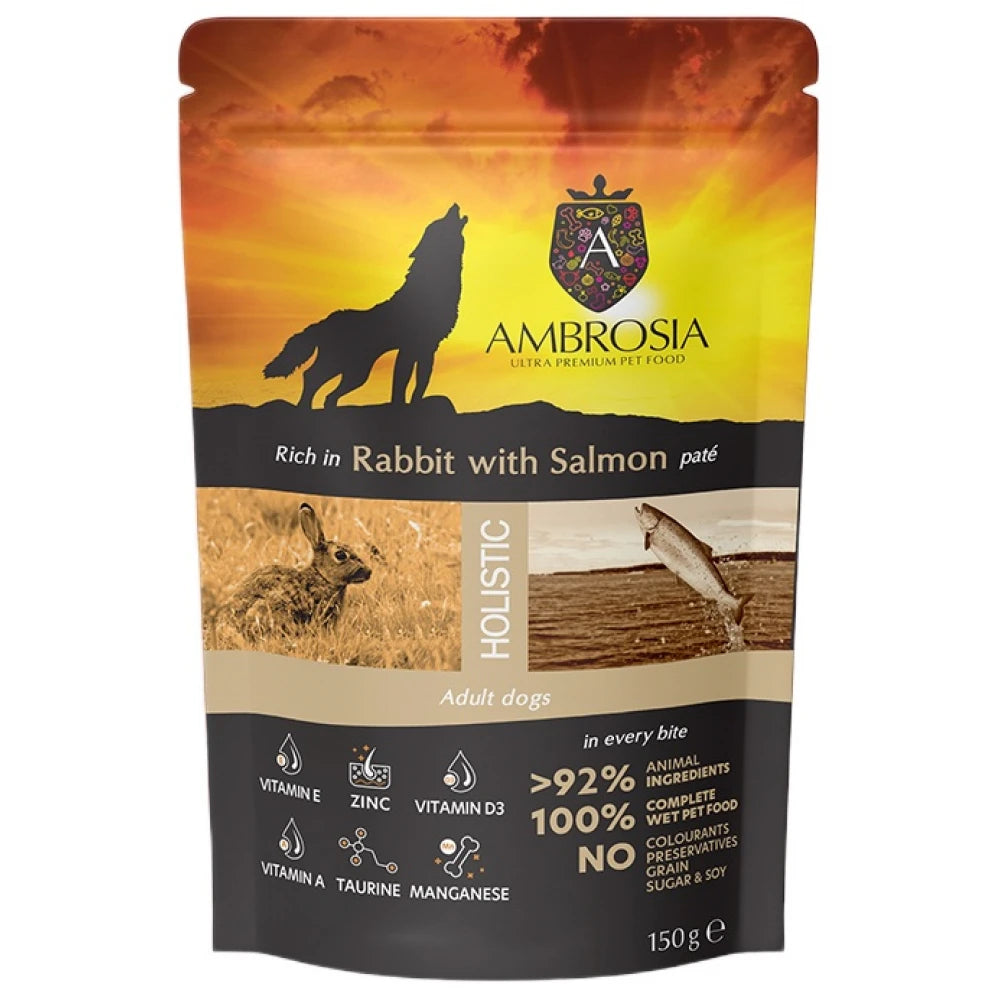 Υγρή Τροφή Σκύλου Ambrosia Pouch Grain Free Adult Rabbit & Salmon 150gr