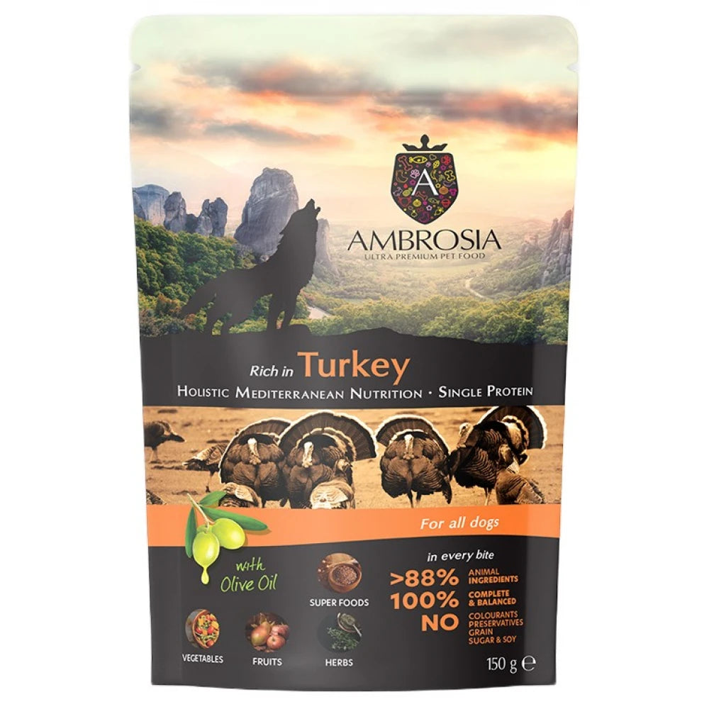 Υγρή Τροφή Σκύλου Ambrosia Pouch Mediterranean Grain Free Adult Turkey 150gr